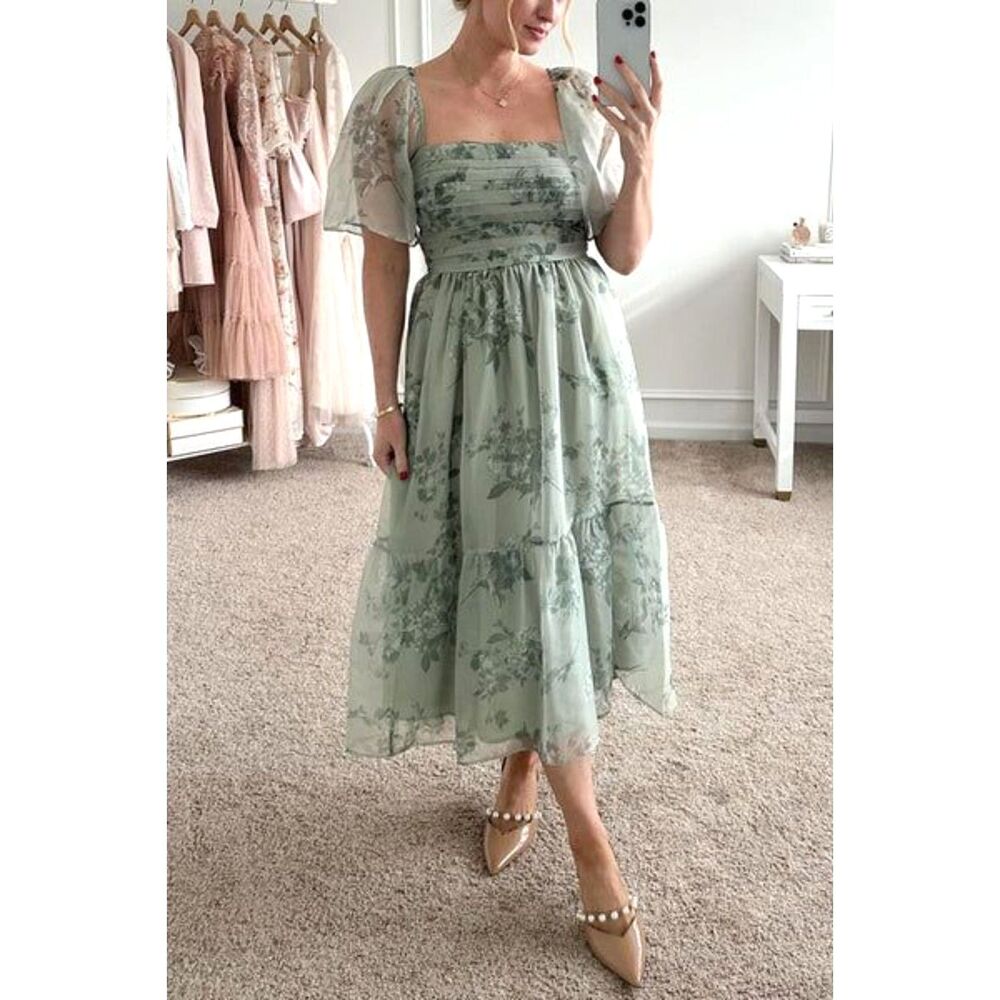 Abercrombie & Fitch Emerson Angel Sleeve Midi Dress Sage Green Floral Sz XS